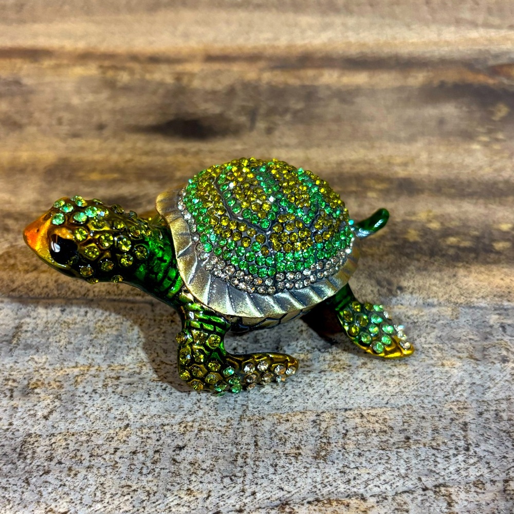 Green and Gold Rhinestone Turtle Jewelry Keeper